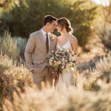 Ein sich fast küssendes Brautpaar in der Natur, umgeben von Sträuchern, Bäumen und Blumen.