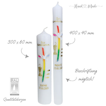 Farbenfrohe Kommunionkerzen mit Regenbogen | Gold