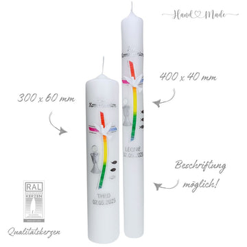 Farbenfrohe Kommunionkerzen mit Regenbogen | Silber