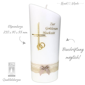 Goldene Hochzeit Elipsenkerze - Kreuz mit Ringe
