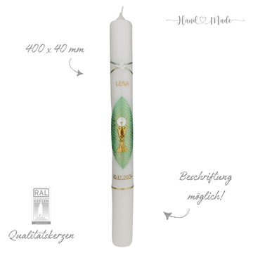 Kommunionkerze-Konfirmationskerze | Pastell-Grün & Gold - 40x4