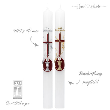 Kommunionkerze-Mädchen | Rot-Gold-Silber - 40x4
