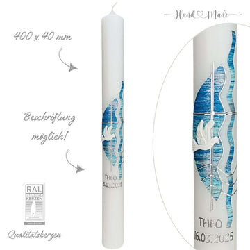 Kommunionskerze - Taufkerze Wellenmuster - Junge - Blaue Töne