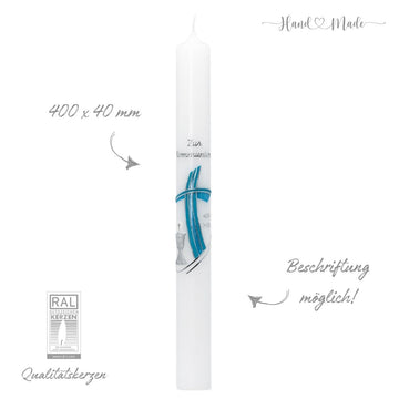 Kommunionkerze-Konfirmationskerze | Modernes Kreuz-Blau | 40x4 cm