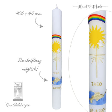 Kommunionkerze | Regenbogen-Sonne-Fisch | 40x4 cm