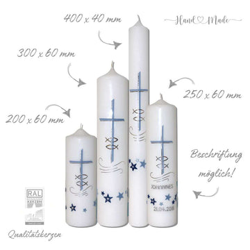 Taufkerzen und Kommunionskerzen für Jungen | Hellblau-Silber