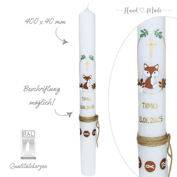 Kommunionskerze - Taufkerze Fuchs - Jute Vintage Boho - Neutral für Jungen und Mädchen