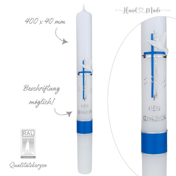 Kommunionkerze für Jungs | Blau-Silber - 40x4