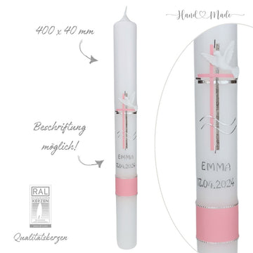 Kommunionkerze für Mädchen | Rosa-Silber - 40x4