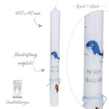 Kommunionskerze - Taufkerze Wal - Walfisch - Blau - Silber für Mädchen und Jungen - 40x4