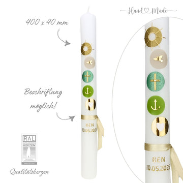 Kommunionskerze - Taufkerze Sonne - Grüne Farbtöne mit Gold - Modern