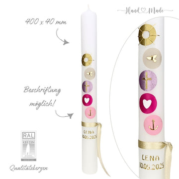 Kommunionskerze - Taufkerze Sonne - Rosa Farbtöne mit Gold - Modern