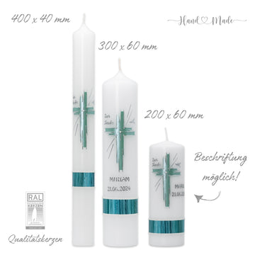 Taufkerze Türkis für Mädchen & Jungen | Modernes Kreuz