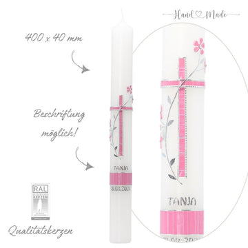 Taufkerze und Kommunionskerze Blumenranke - Rosa Pink für Mädchen - 40x4