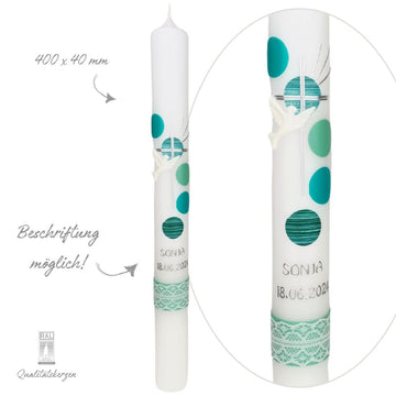 Kommunionskerze - Taufkerze Pünktchen Neutral - Türkis Grün für Mädchen und Jungen - 40x4