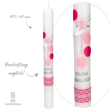 Kommunionskerze - Taufkerze Pünktchen Rosa Pink Hellrosa für Mädchen - 40x4