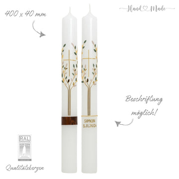 Lebensbaum mit Kreuz - Gold - Taufkerzen und Kommunionskerzen für Mädchen & Jungen