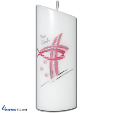 Moderne Taufkerze | Kreuz-Fisch in Rosa-Silber