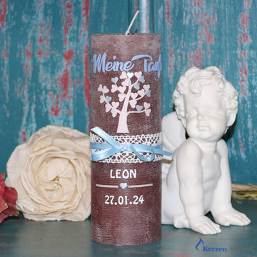 Taufkerze für Jungen mit Schriftzug - Rustik - 19 x 6,8