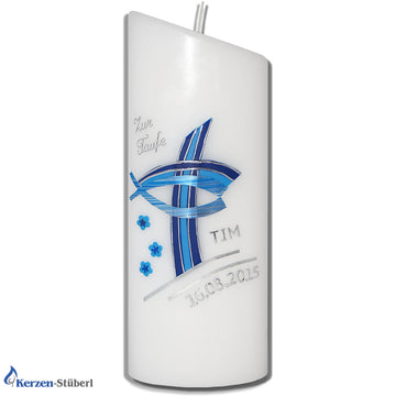 Moderne Taufkerze | Kreuz-Fisch in Blau-Silber - Elipse